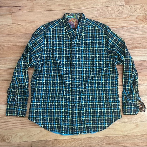 Robert Graham Blue Yellow Plaid Cotton Animal Portraits Button Down Shirt EUC L - Picture 1 of 9